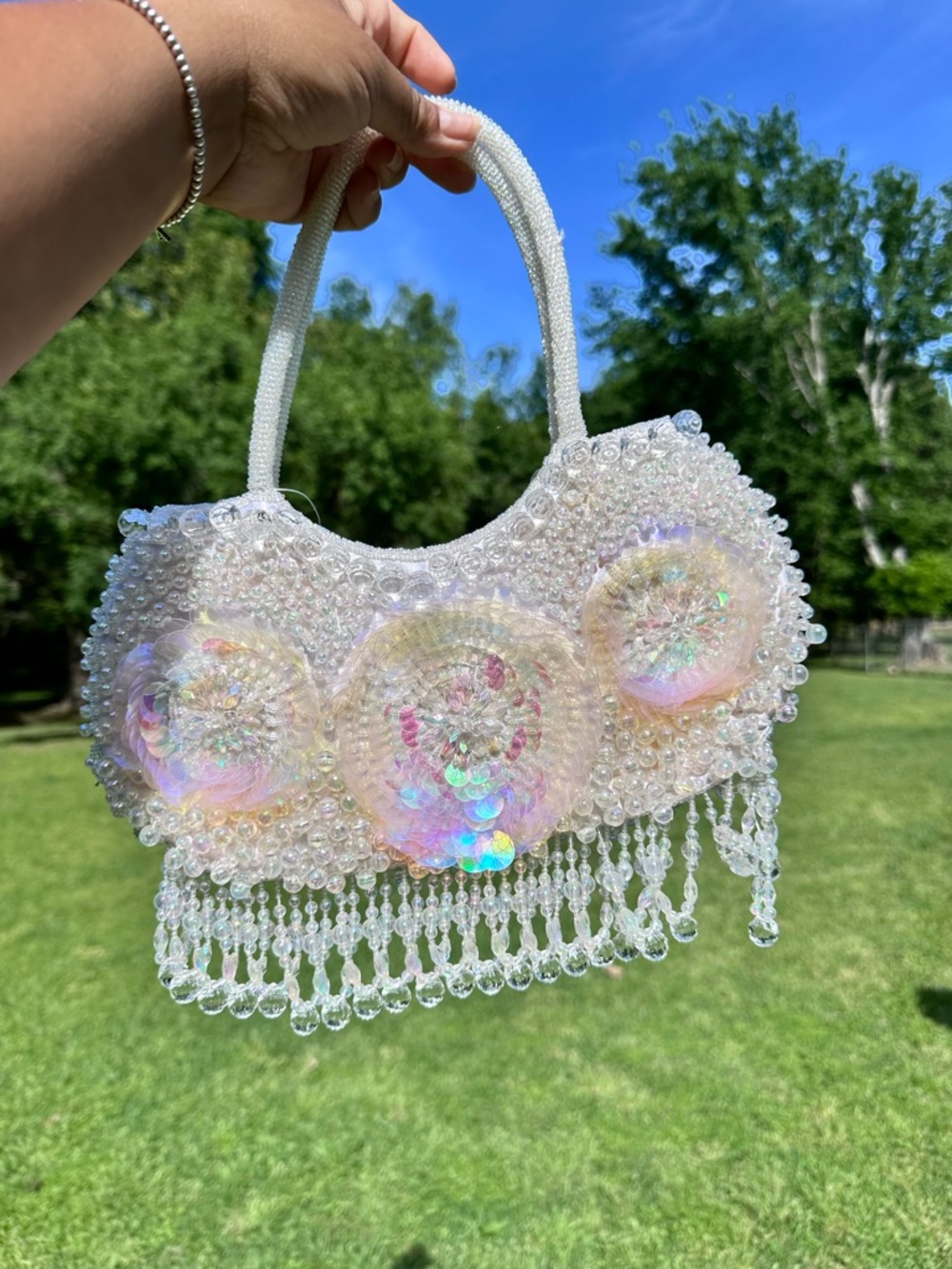 Iridescent Beaded Bridal Purse – Pearl Sequin Mini Bag w/ Fringe